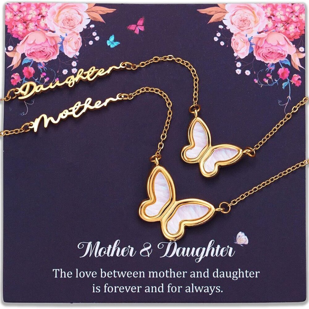 Mother Daughter Necklace Set Stainless Steel Butterfly Jewelry Gift for Mom